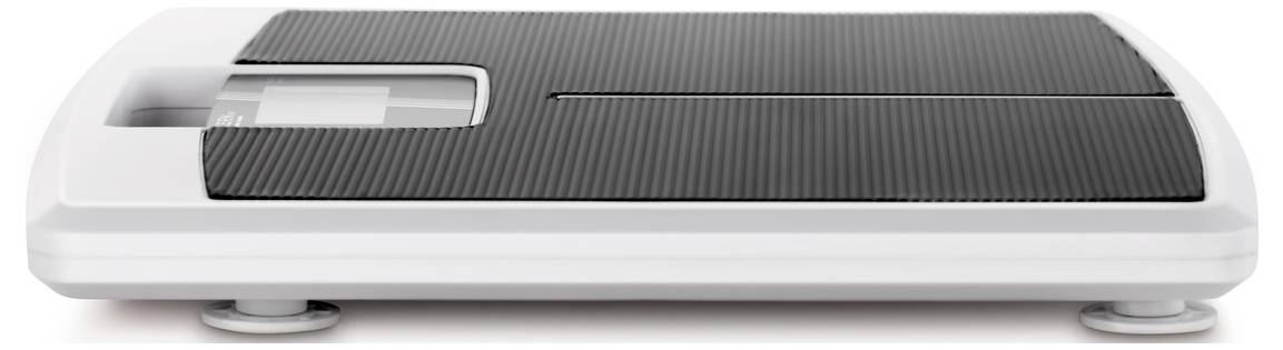 'White bathroom scales with a black standing surface, viewed from the side.'