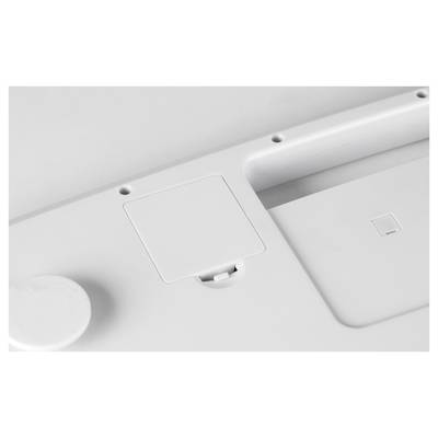 White underside of an electronic device with battery cover and screw recesses.