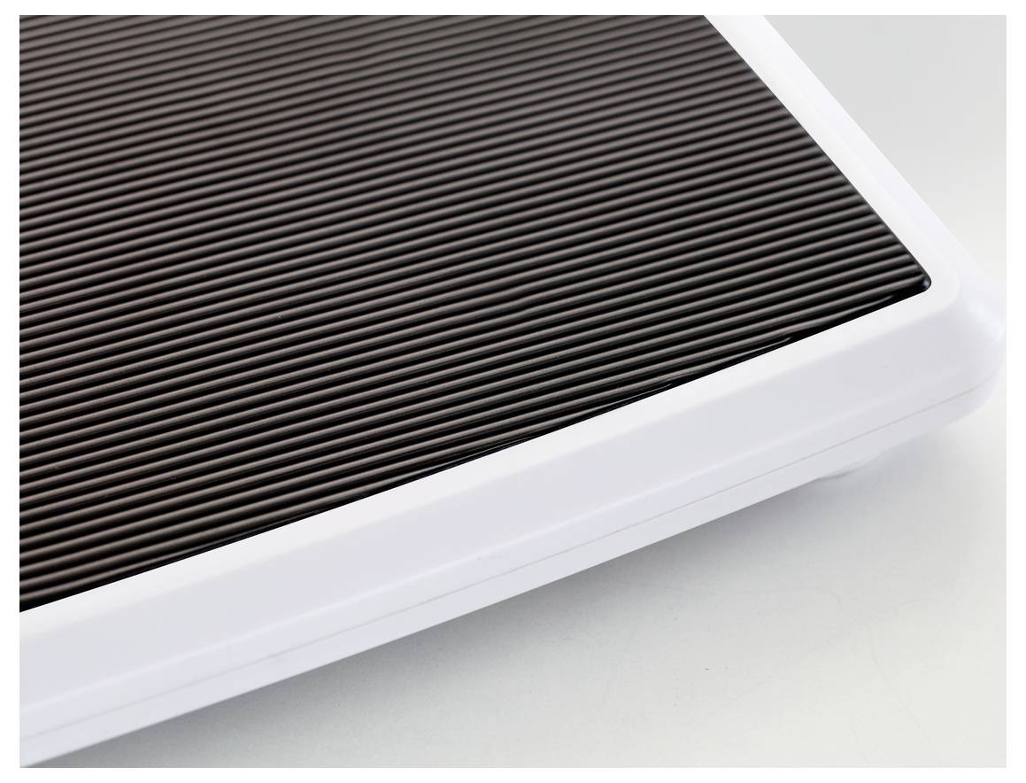 Electronic personal weighing scale with a white frame and a ridged, dark surface against a light background.