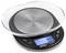 Digital kitchen scales with a round stainless steel weighing surface and a blue LCD display, showing '0.0' grams.