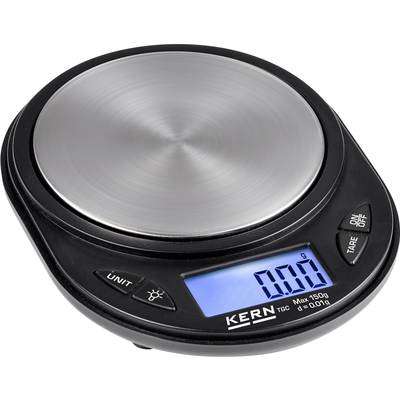 Digital kitchen scales with a metal weighing surface and blue-illuminated display, showing 0.00 grams. Buttons for unit, tare and on/off.