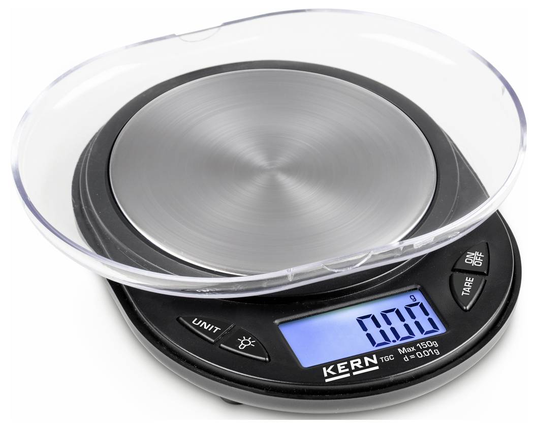 Digital kitchen scales with a round stainless steel weighing platform and a blue-illuminated display showing '0.00 g'. Buttons for unit selection and power on/off.
