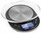 Digital kitchen scales with a round stainless steel weighing platform and a blue-illuminated display showing '0.00 g'. Buttons for unit selection and power on/off.