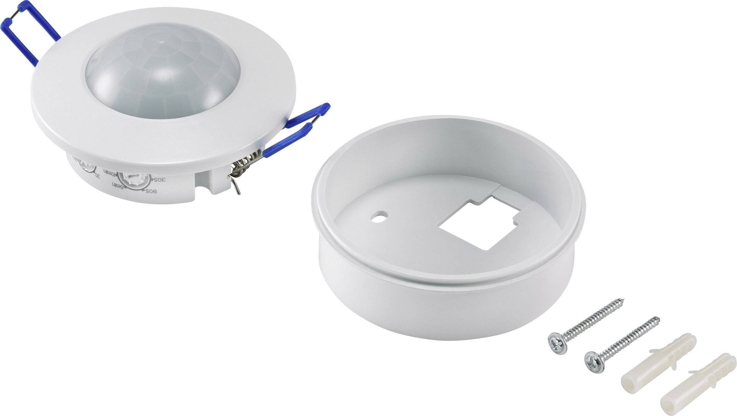 Ceiling motion sensor with accessories, consisting of mounting ring, screws and wall plugs. Suitable for detecting movements in indoor spaces.
