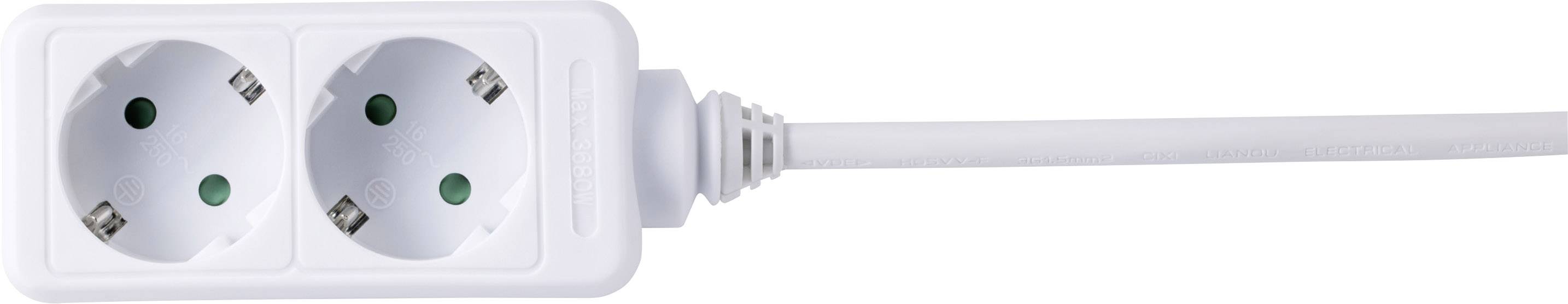 A white double socket with an attached cable, horizontally oriented.