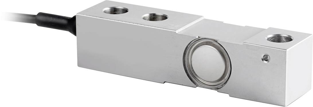 Metallic sensor with cable connection and mounting holes, typically used for weight measurement in industrial applications.