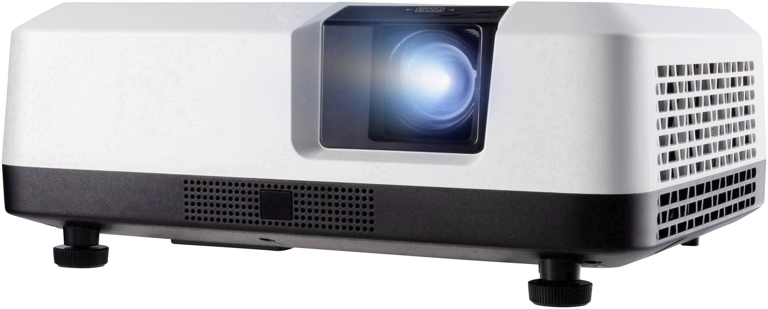 A white projector with a luminous lens, mounted on adjustable stands, points to the right-hand side.