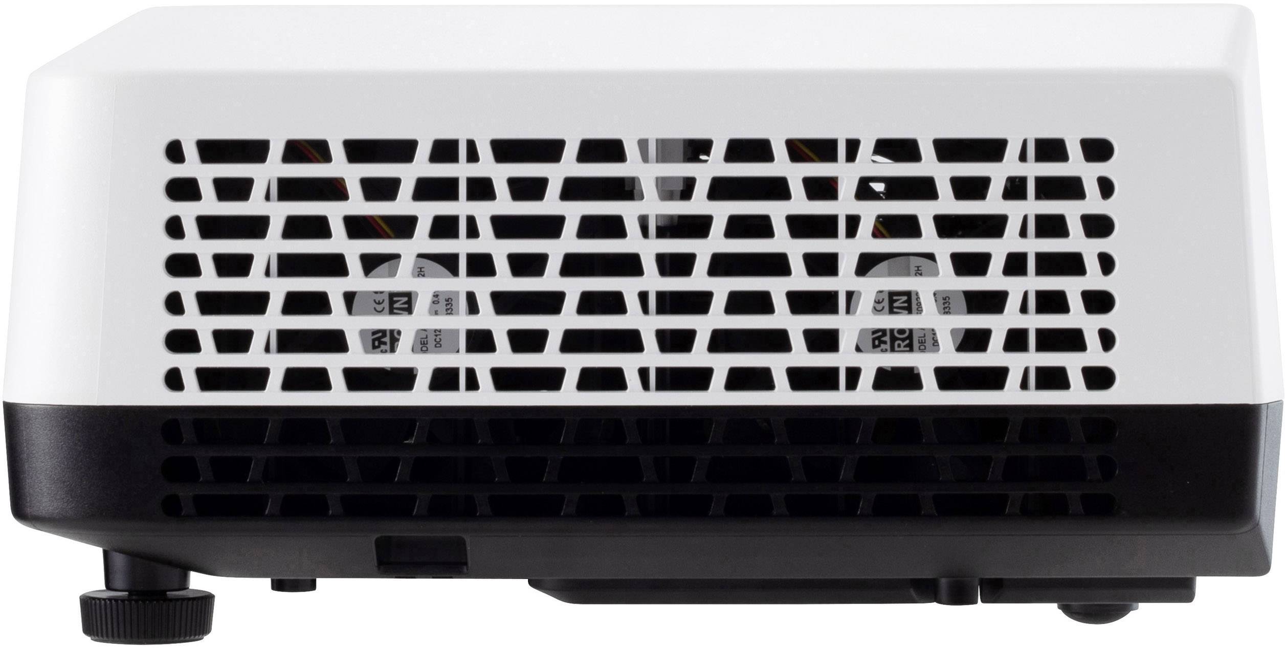 A white projector with a black base, front view. Rectangular design with ventilation grilles.