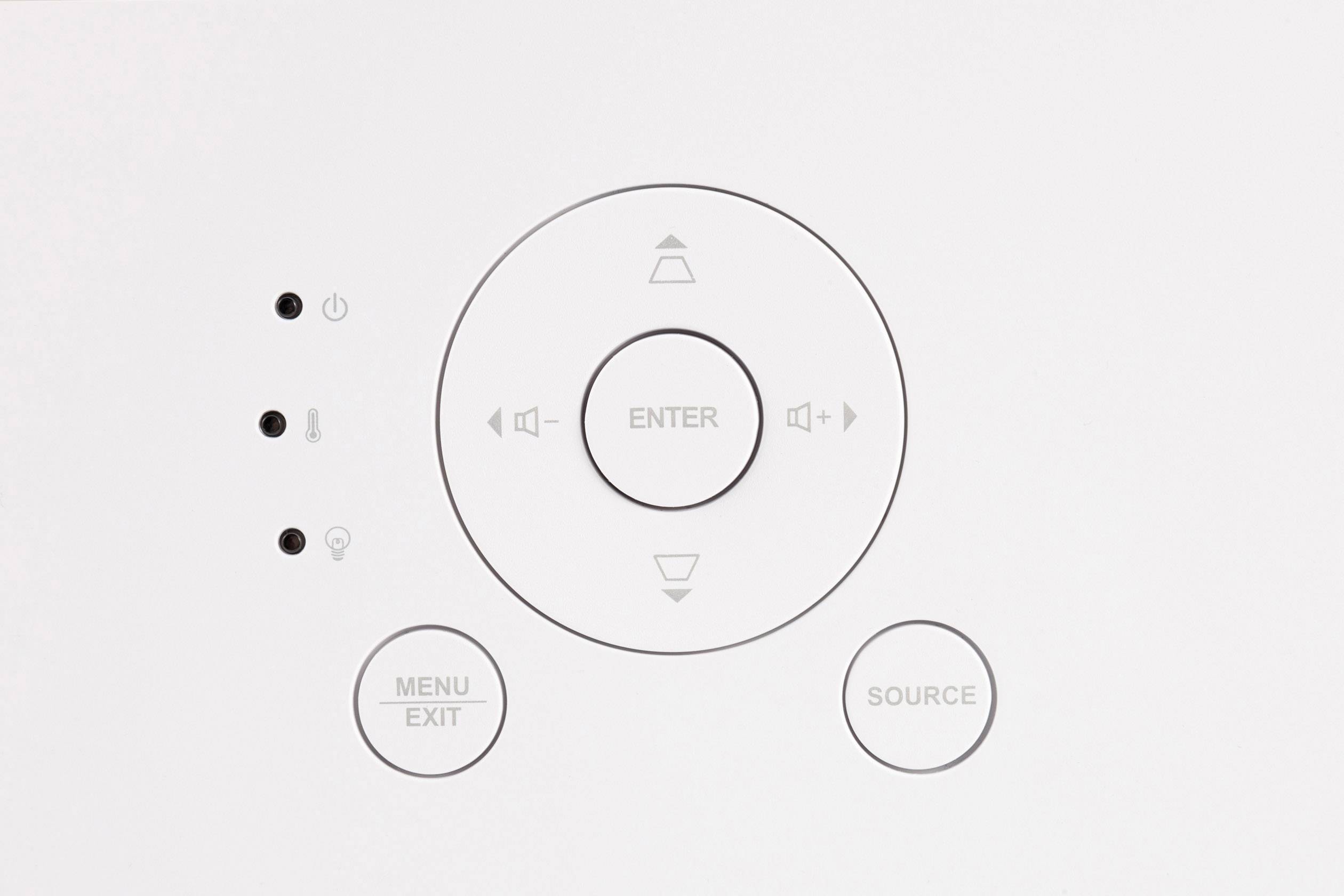 A control panel with buttons: Arrow keys and 'ENTER' at the top, two buttons 'MENU EXIT' and 'SOURCE' at the bottom. Three indicator lights on the left.