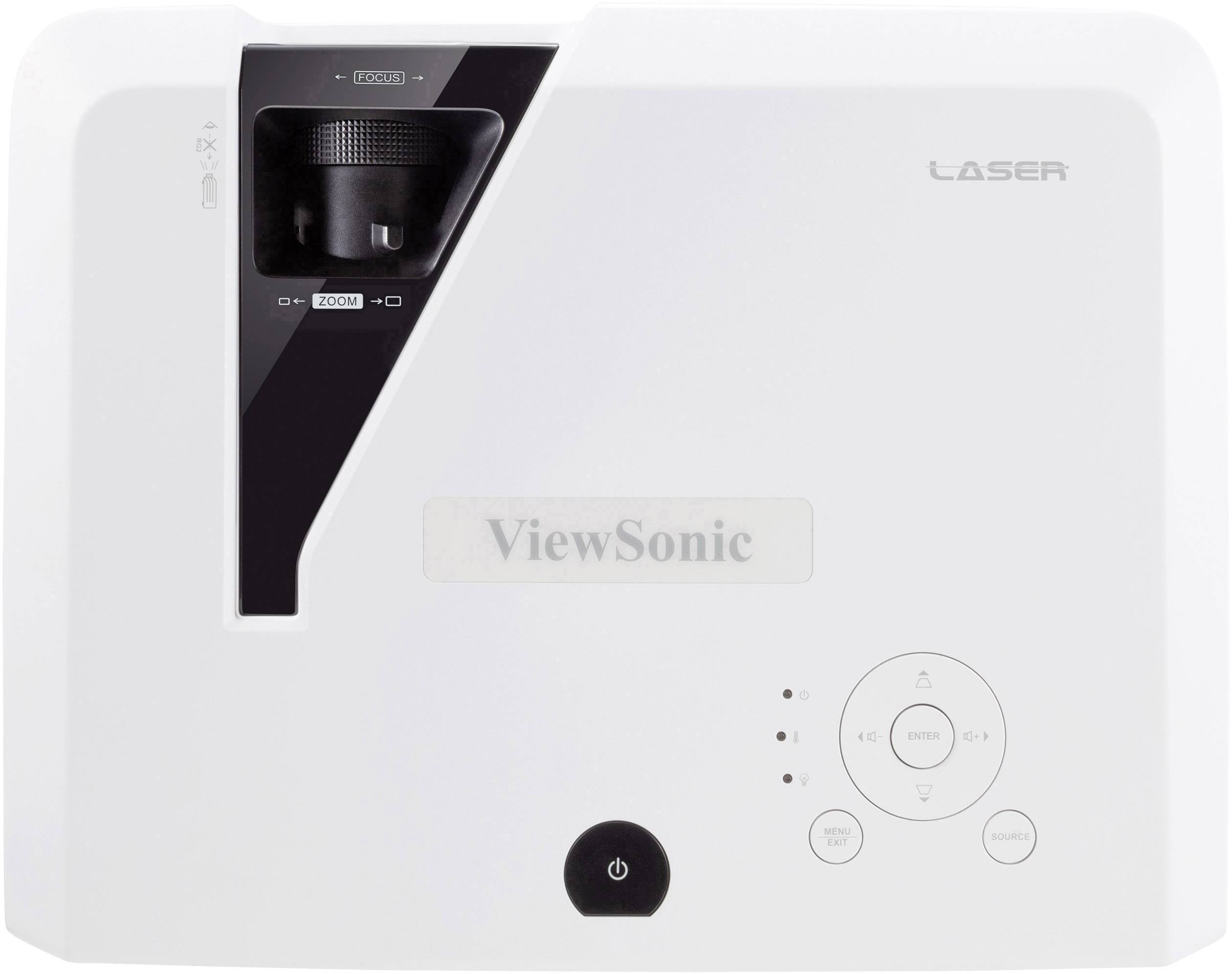 'White front view of a ViewSonic projector with laser optics. Includes control buttons and a zoom wheel to the left of the lens.'