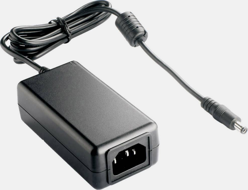 Black power adapter with cable and plug. The adapter has a rectangular body and is used for charging electronic devices.