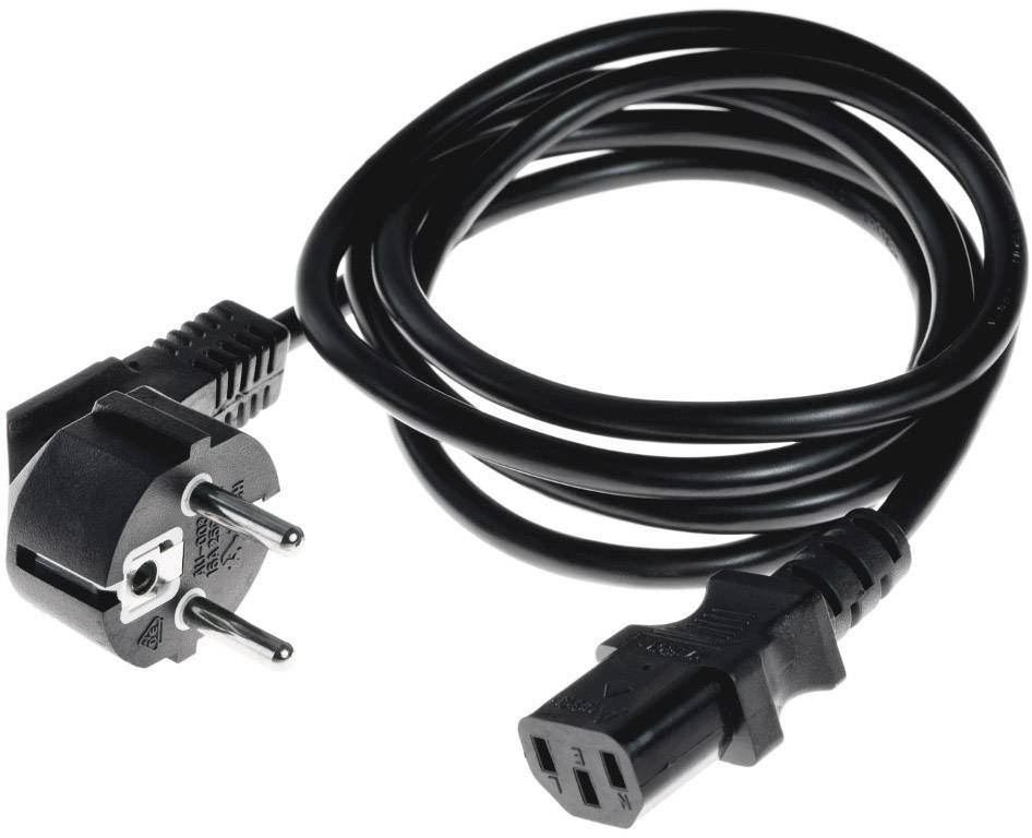 Black network cable with European plug on one side and an IEC-C13 connector on the other, suitable for computers.