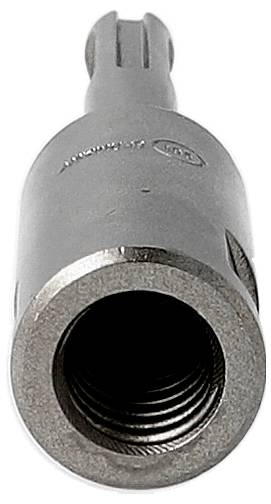 Close-up of a gray metal threaded connector or socket with an open circular end, viewed from the front on a white background.
