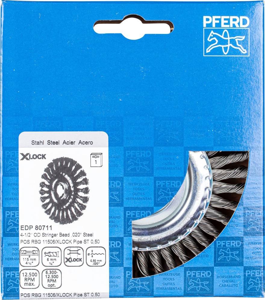 Blue packaging design featuring a steel wire brush. Text provides information about size and type: '4 1/2", 0.20" Steel'.