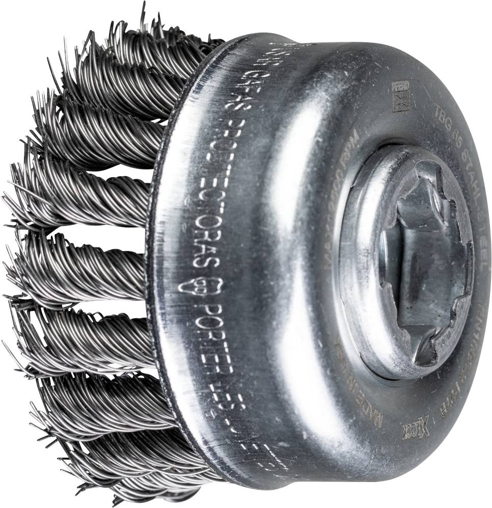 Steel wire brush with metal casing and dense bristles, used for cleaning or grinding surfaces.