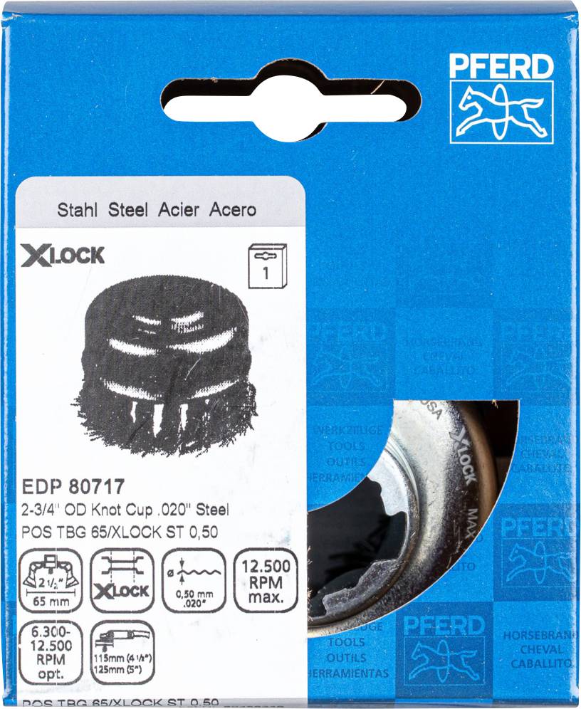 'XLOCK disc, node plate brush made of steel with 65 mm diameter for tools, blue packaging with product illustration.'