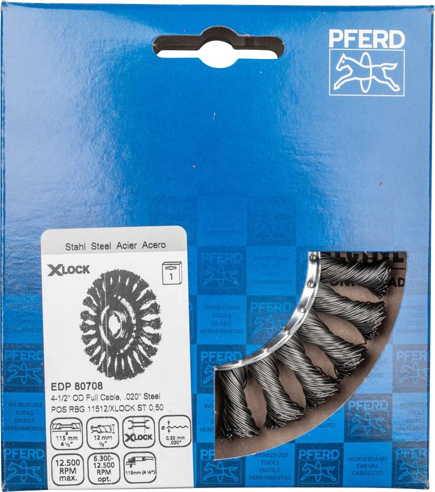 Packaging for a PFERD X-Lock Round Wire Brush made of steel. Displays technical details such as dimensions and recommended area of application.