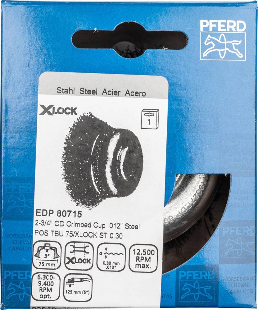 'PFERD X-Lock Steel Wire Brush. Diameter: 75 mm, Speed: 12,500 rpm. EDP 80715, 2-3/4" OD Crimped Cup.'