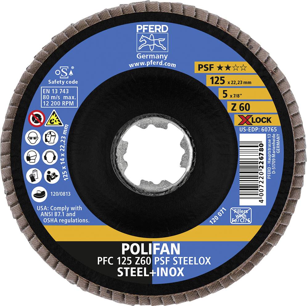 Grinding disc with label: 'POLIFAN PFC 125 Z60 PSF STEELOX STEEL+INOX' for metal grinding. Diameter 125 mm, PSF Z60.