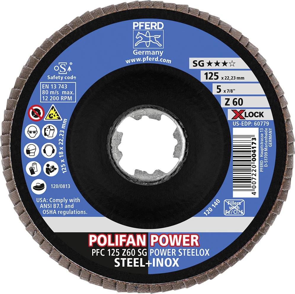 Grinding disc with 'POLIFAN POWER' inscription, suitable for steel and stainless steel, with technical specifications and connections.