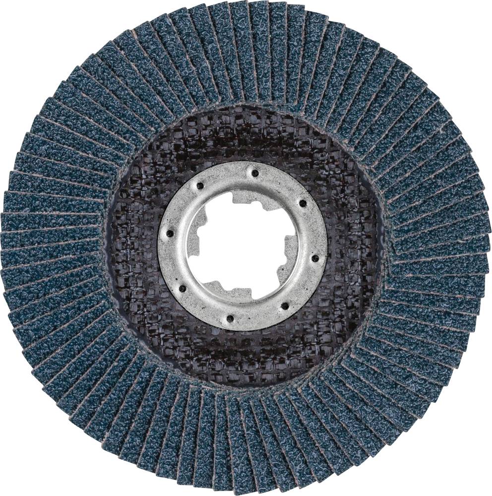 Grinding wheel in close-up, showing concentric arrangement of grinding lamellae around a central metal opening.
