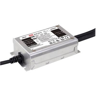 Metal enclosure with mains cable, labelled with specifications and logos for electrical device, Model XLG-25-A, suitable for LED operation.