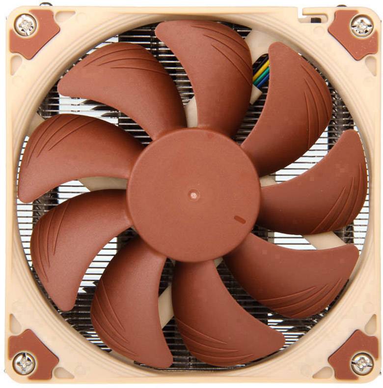Close-up of a square computer fan with nine brown blades in a beige frame.