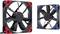 Two computer fans, one with red corners and one with blue corners, on a white background. Both have black blades.