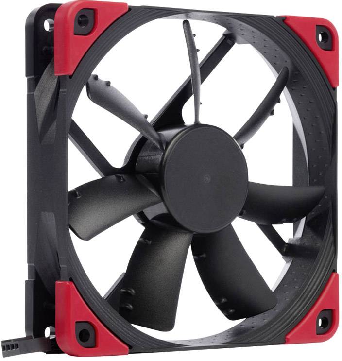 A black computer fan with red corners, suitable for cooling PC cases. Six rotor blades in a square frame.