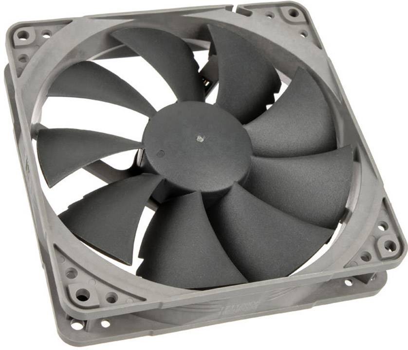 A black computer fan with eight blades, mounted in a square frame, is photographed from above.