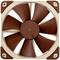 A brown computer fan with seven blades in a square, beige frame.
