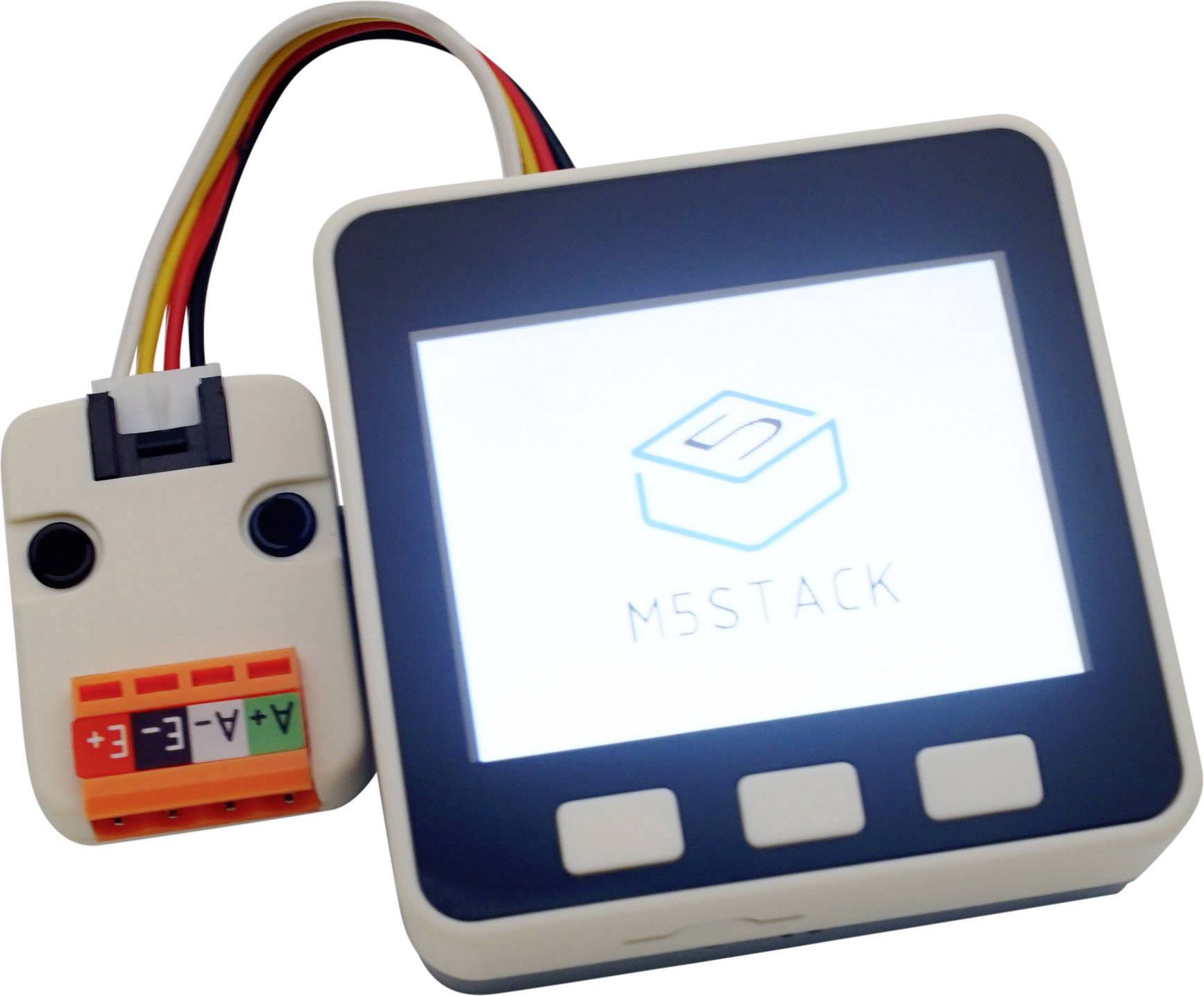 A square electronic device with a screen, displaying the 'M5Stack' logo. Beside it, a connected sensor with coloured cables.