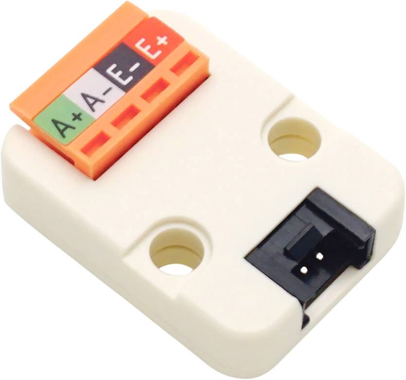 A white electronic connector with an orange end, labelled with 'A+', 'A', 'E', 'E+', and two mounting holes.