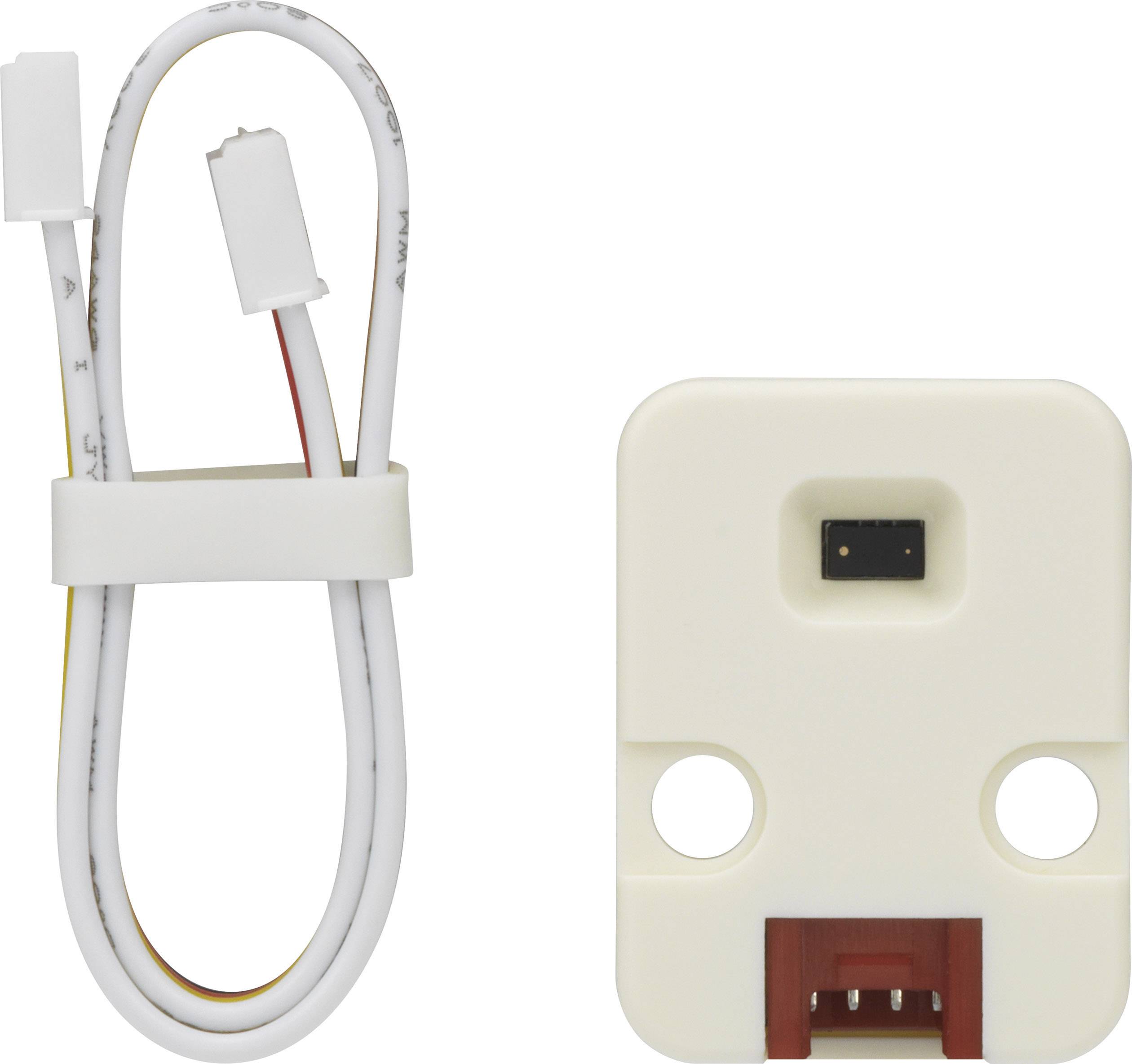 A heat sensor with connection cable on the left and sensor housing on the right. The sensor measures changes in ambient temperature.
