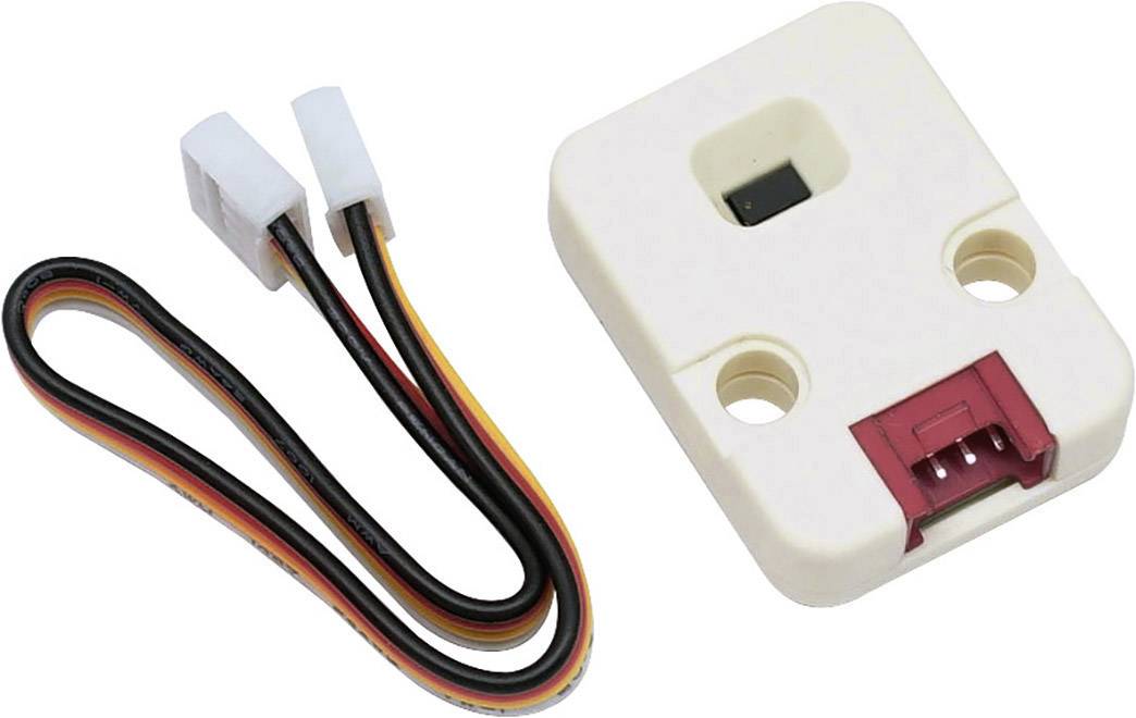 A white electronic sensor with two cables connected to a plug. Suitable for detecting dust particles.
