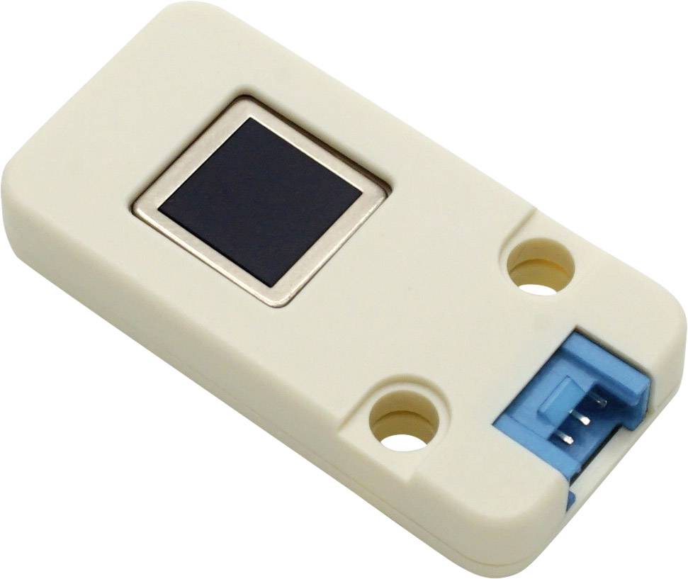 A rectangular, white fingerprint sensor with a black reading field in the centre and a blue connection on one side.