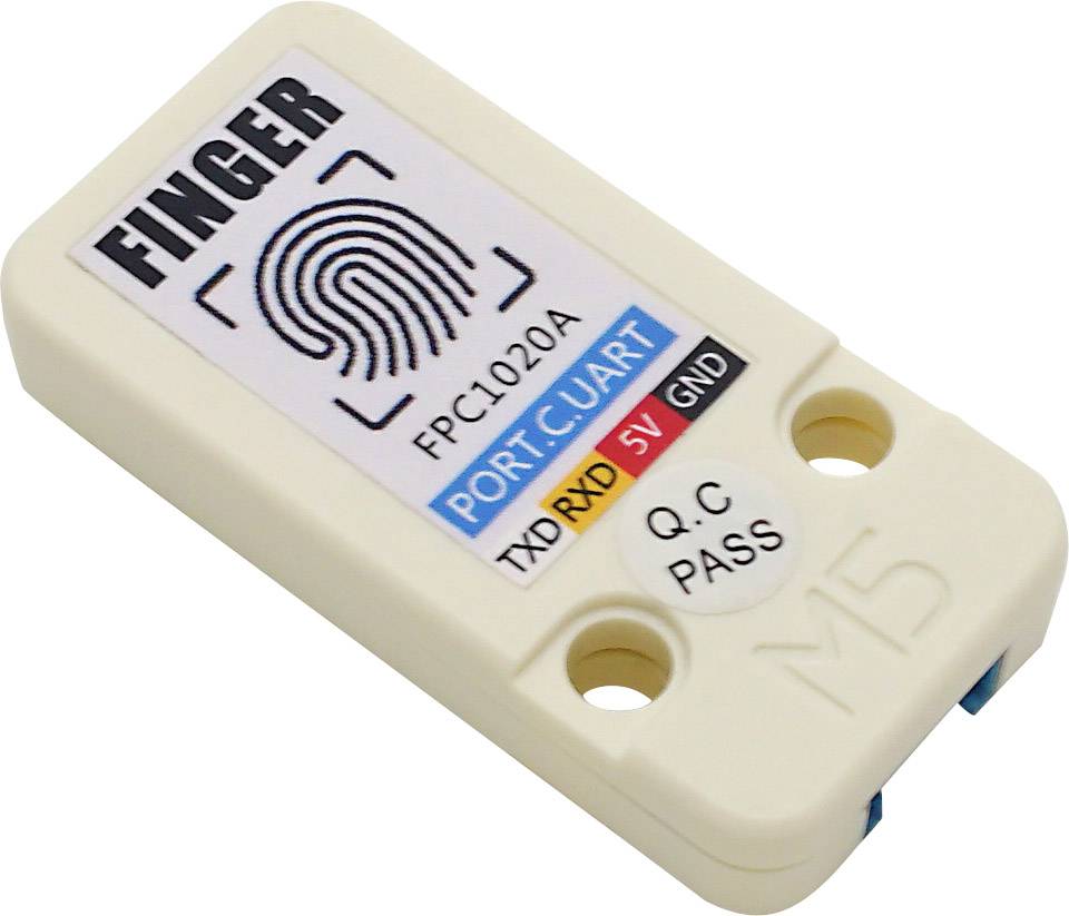 Fingerprint sensor FPC1020A with connections for TXD, RXD, 5V, GND. Functions via Port C: UART. Marked with 'Q.C PASS'.