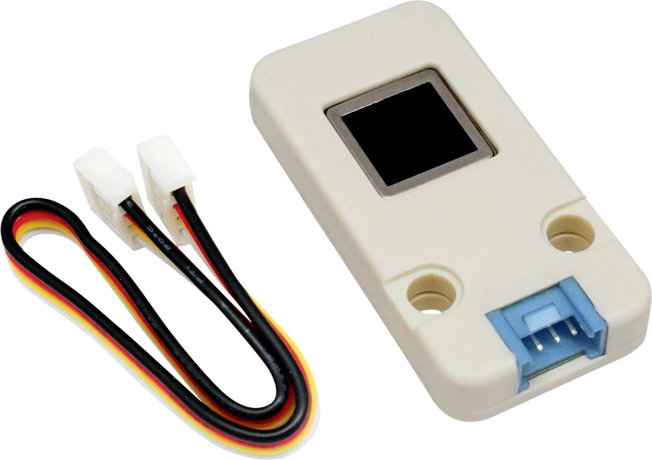 A rectangular module with a small display, two mounting holes and blue connectors. Beside it, a cable with two white plugs.