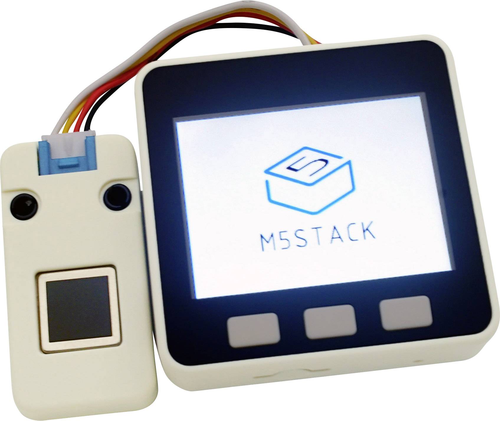 An electronic device with a display shows the 'M5Stack' logo. Beside it is a smaller sensor with a cable connection.