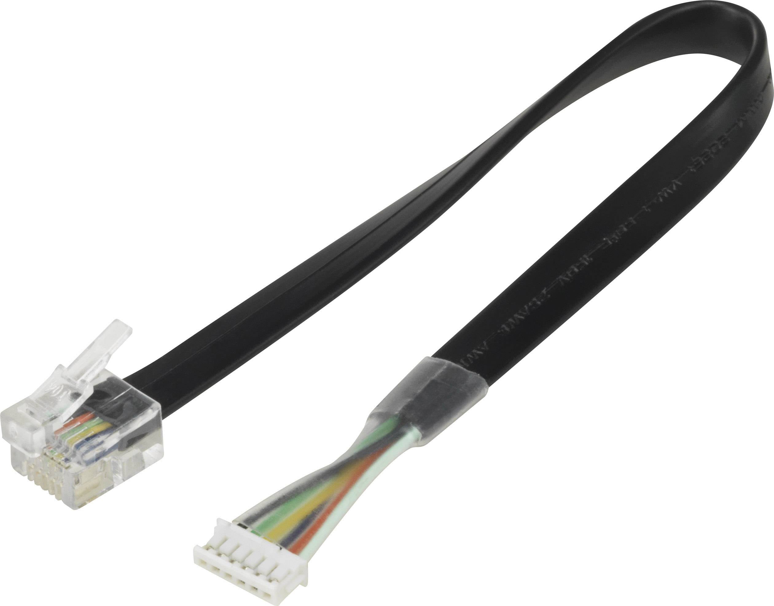 A black, flat cable with a transparent RJ11 plug at one end and a white plug with coloured wires at the other end.