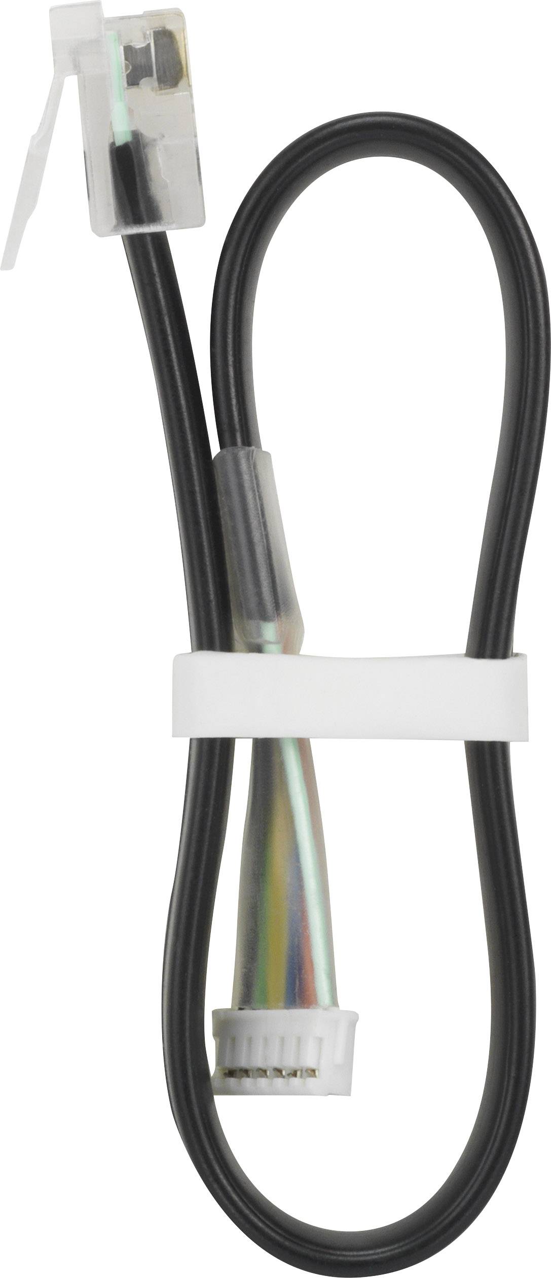 Electrical cable with multi-coloured wires, connected to a white connector. The cable is held by a white loop.