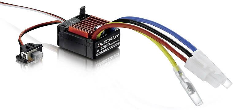 Electrical module with red heat sinks, multiple coloured cables and connectors, suitable for use in remote-controlled models.