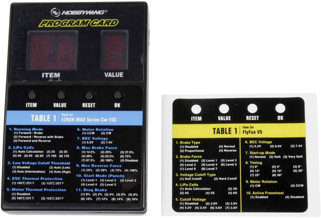 'Black programming board with digital displays and function overview on the left, instruction table for EZRUN MAX Series positioned beside it on the right.'