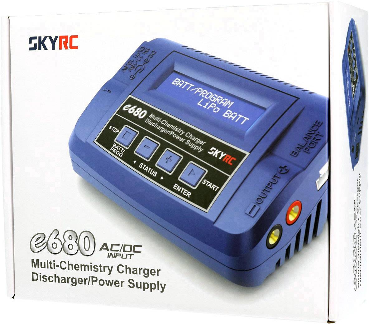 Charger in a blue case with display and buttons. Branded with 'SkyRC e680'. Packaging emphasises multi-chemistry functionality.