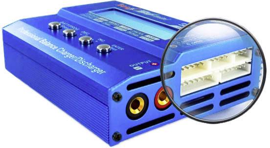 Blue balance charger with multiple ports and display, showing a magnified view of the ports with a magnifying glass.