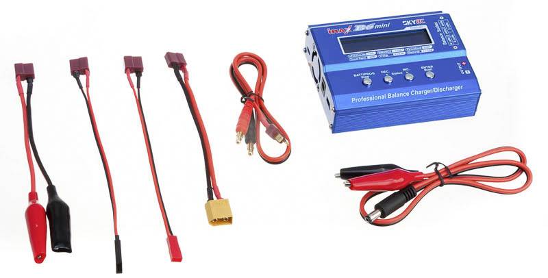 A blue balance charger with a display and multiple connection cables for various device types.