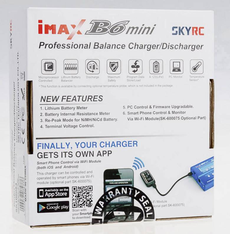 A box for the iMAX B6 mini charger/discharger by SKYRC. It highlights new features and displays an app for control.