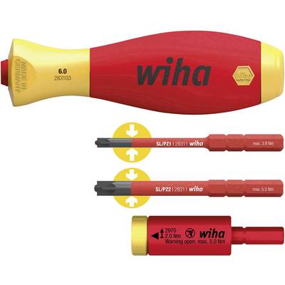 A Wiha screwdriver with a red and yellow handle, interchangeable blades, and torque specifications. Marked 'Made in Germany'.