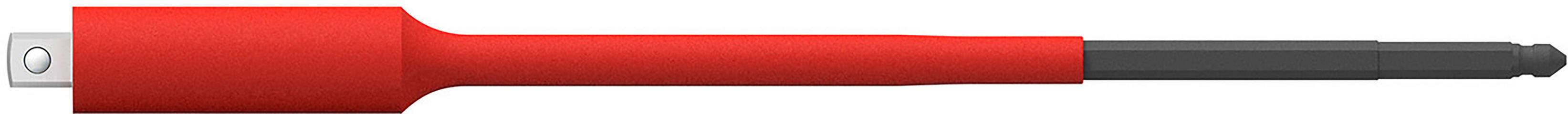 A red cable with a flat, silver connector on the left side and a black end, which may possibly be a plug, on the right.