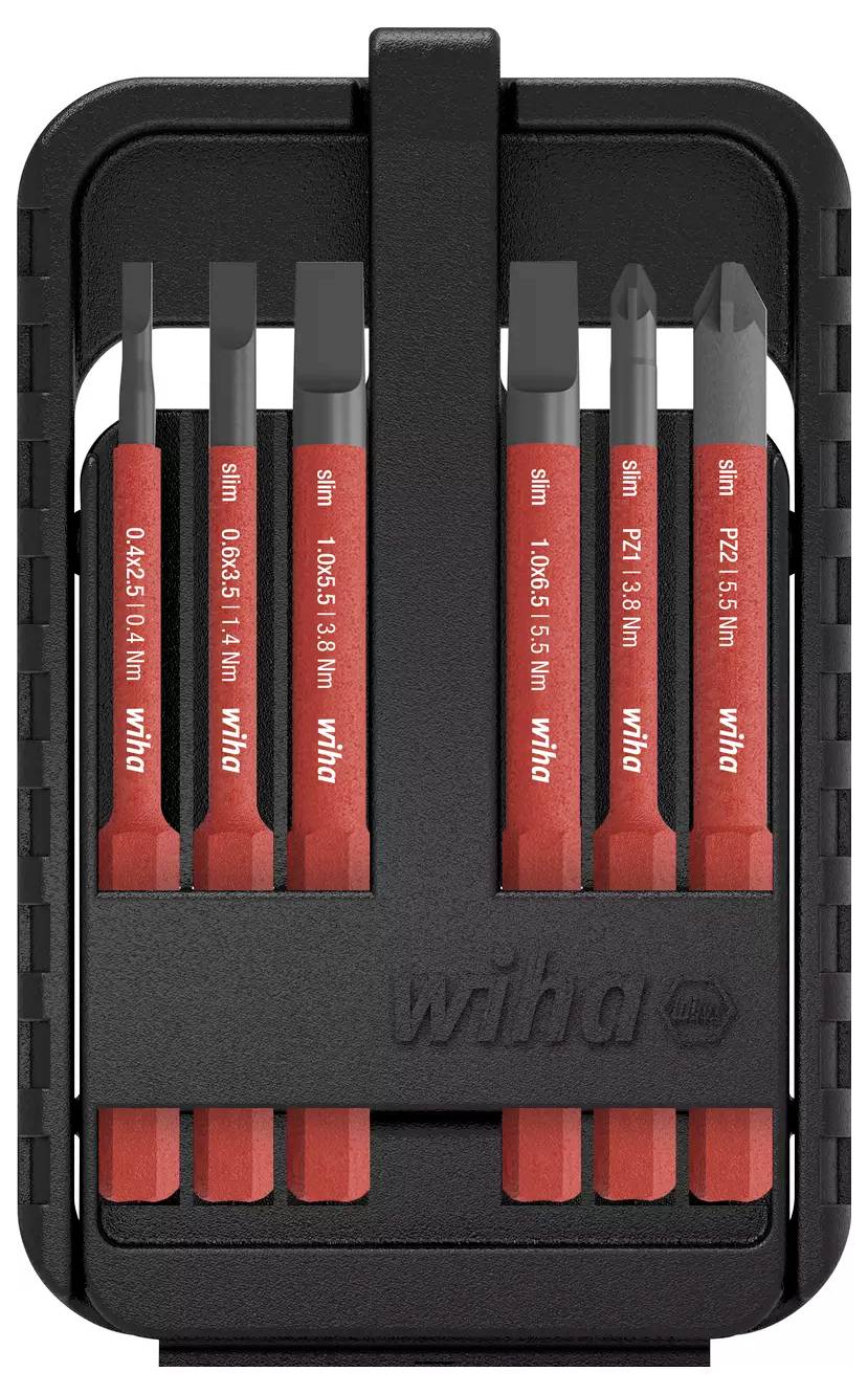 A set of six red precision screwdrivers in a black case, labeled with sizes and types for various uses, showcasing tool organization and versatility.